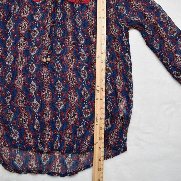 Lucky Brand Floral Crochet Peasant Blouse Sz M Crinkle Sheer Southwestern Boho - Picture 14 of 16